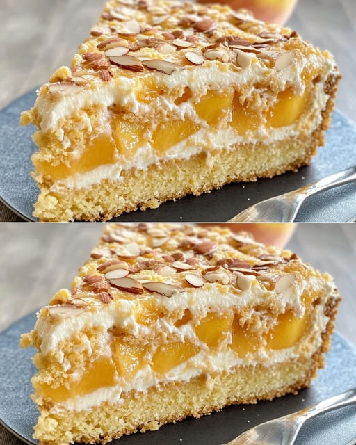 Elegant New Year’s Peach and Cream Layer Cake with Almond Topping