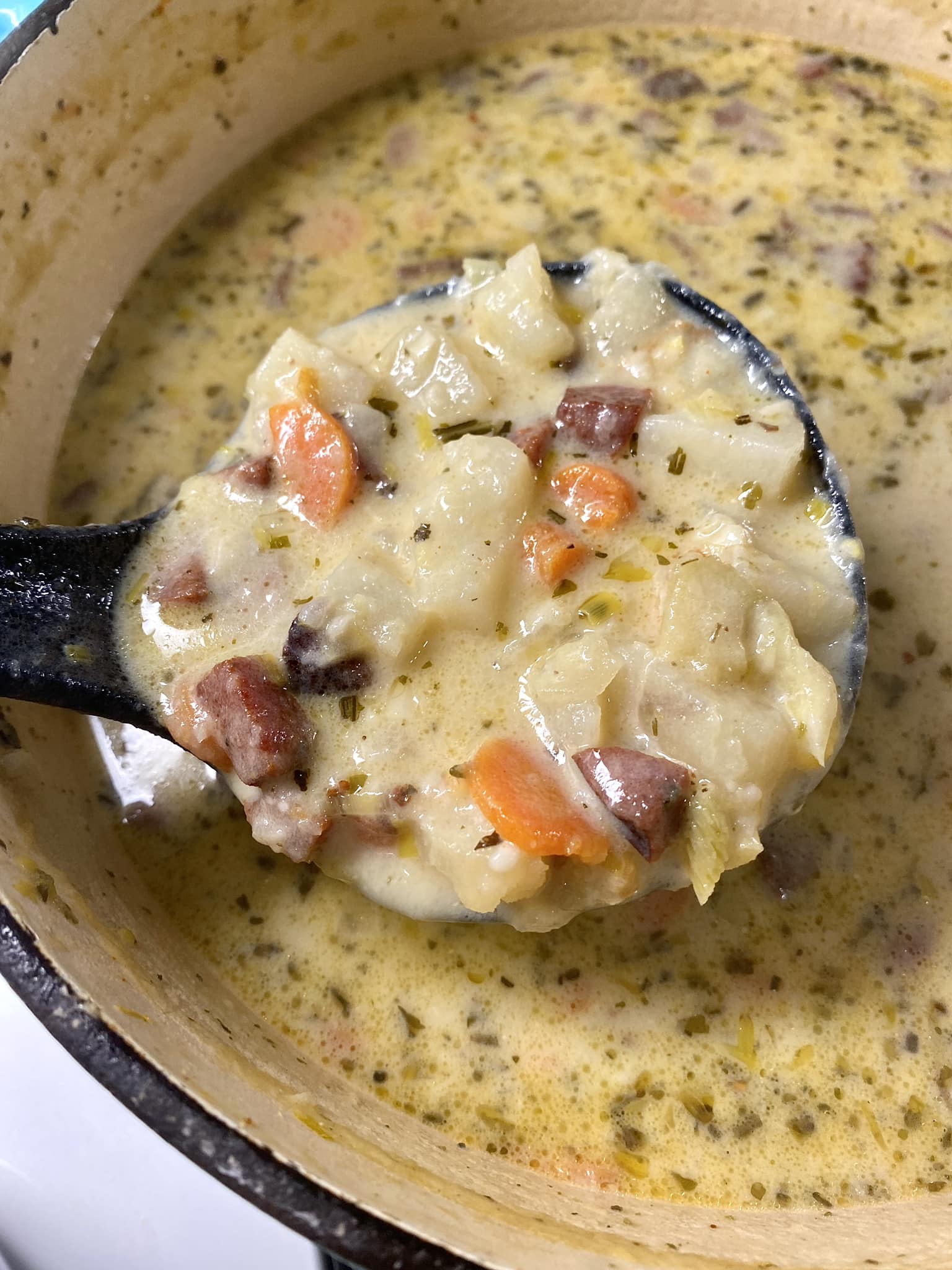 Potato Soup With Cast Iron Browned Smoked Sausage